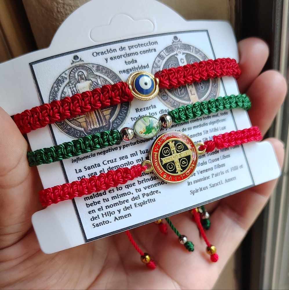Red and Green Braided Bracelets with Charms And Earrings.